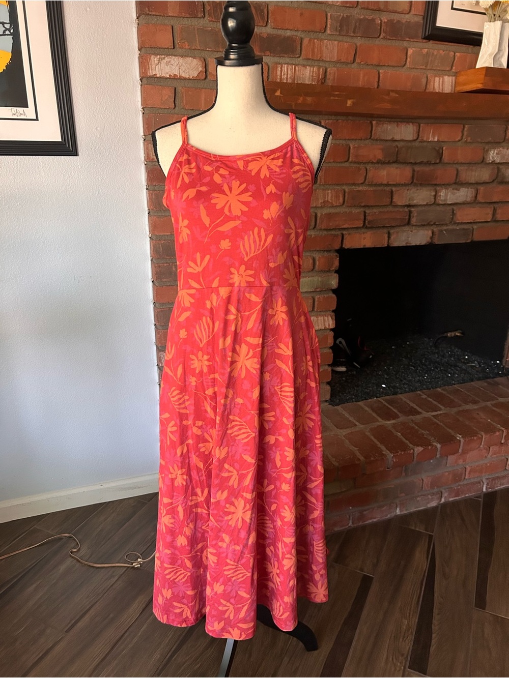 NWT Pact Stamp Floral Fit & Flare Midi Dress in Red Orange Sz L - Picture 2 of 7